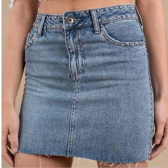 Revolve Pistola Anthropologie Studded Denim Skirt Chic Bohemian Luxury Summer - Picture 3 of 16